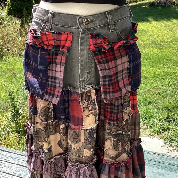 Upcycle Annie tier patchwork flannel antimacassar boho maxi skirt 32” waist 34”L - Picture 3 of 16